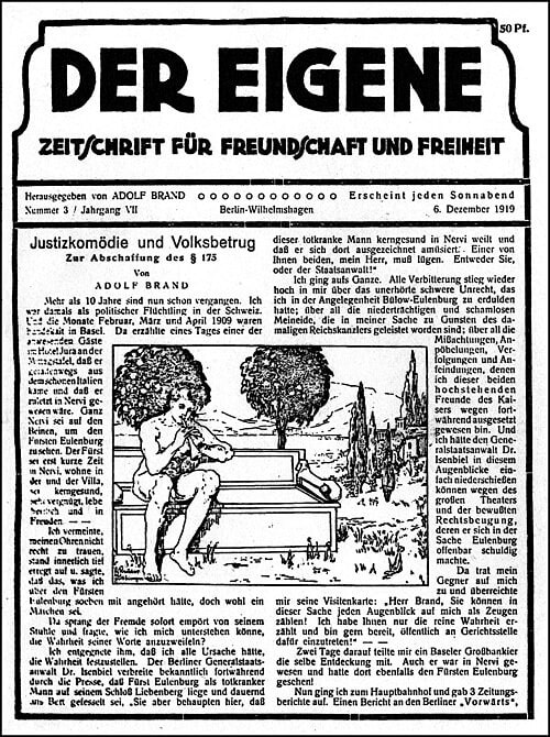 Titelseite der Zeitschrift „Der Eigene“ von 1919 mit zwei nackten Männern im Garten – ein Beispiel früher queerer Selbstrepräsentation und der damit verbundenen Zensurgeschichte.