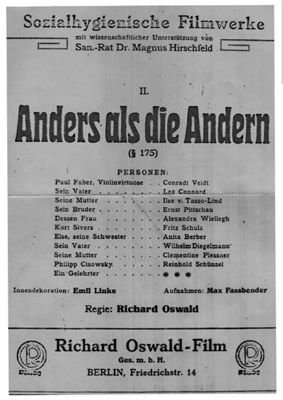 Filmposter von „Anders als die Andern“ (1920) – erster deutscher Spielfilm mit homosexuellem Thema, mit wissenschaftlicher Beratung durch Magnus Hirschfeld.